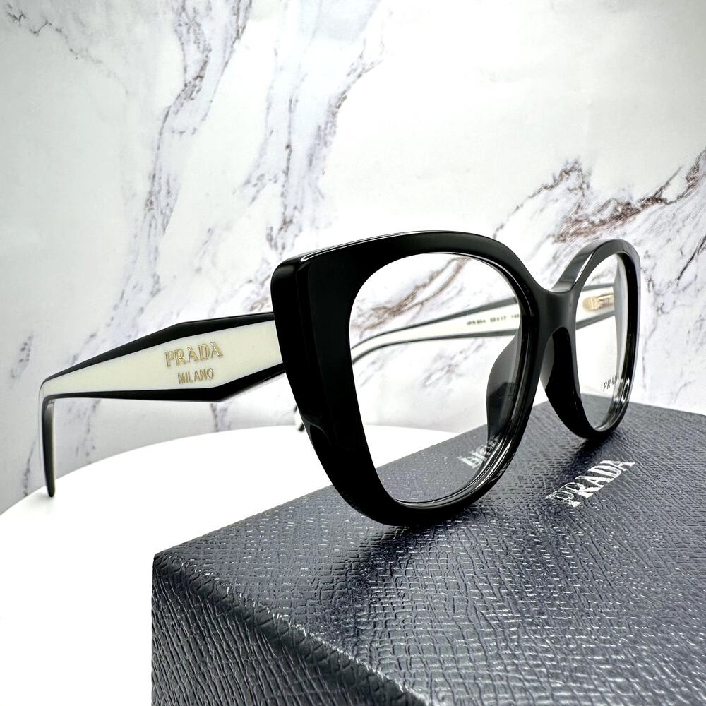 New PRADA Eyeglasses Cat Eye Black White Gold 53-17-140 Womens - Picture 4 of 16